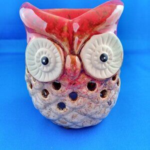Red & tan Owl Ceramic Tea Light Candle Holder Wax Melter 4 1/2'' tall